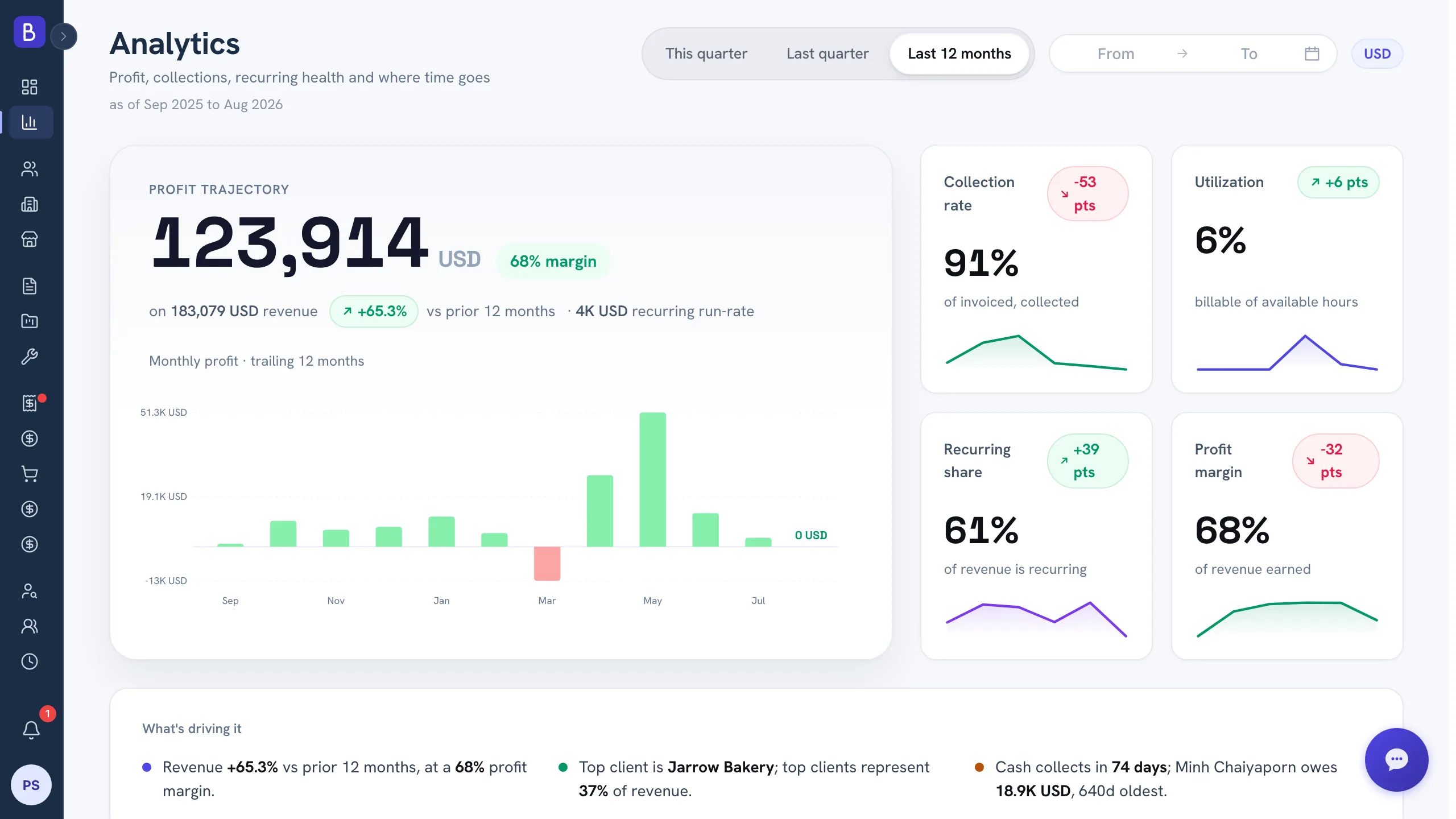 Analytics page showing profit trajectory, margin and revenue above a monthly profit bar chart for twelve months