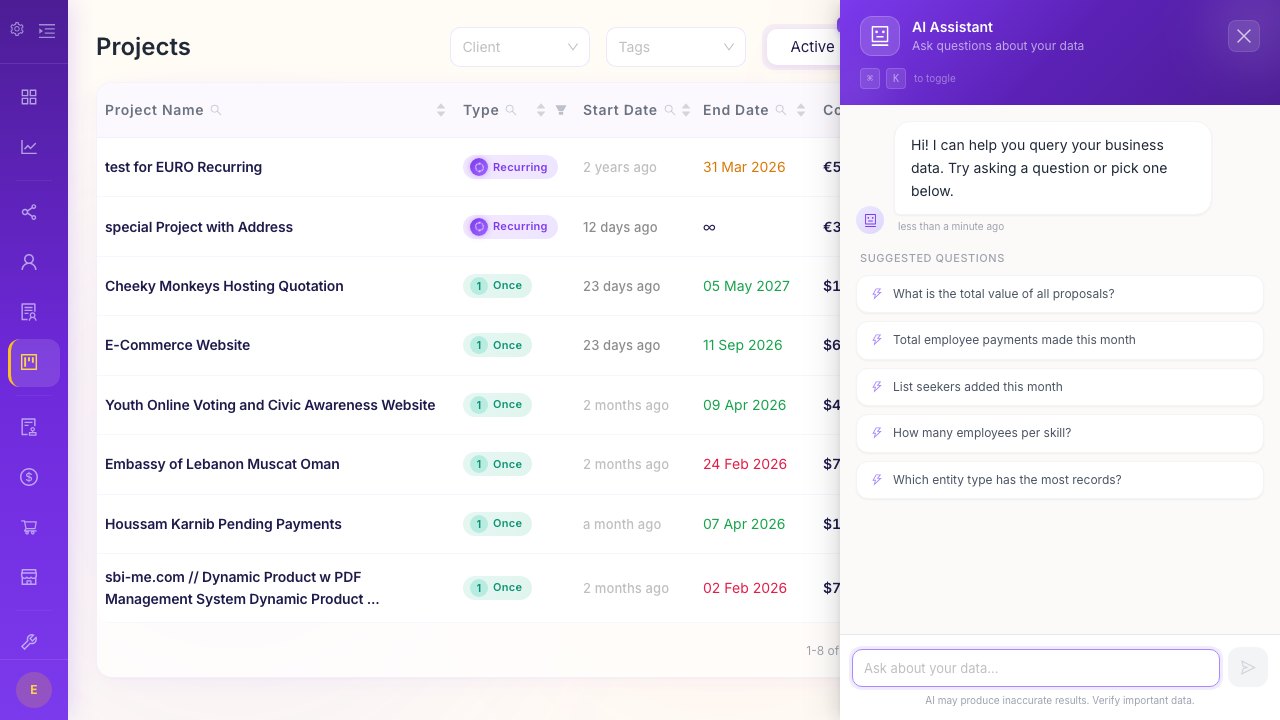 AI assistant chat panel showing a natural language question about business data with an instant response