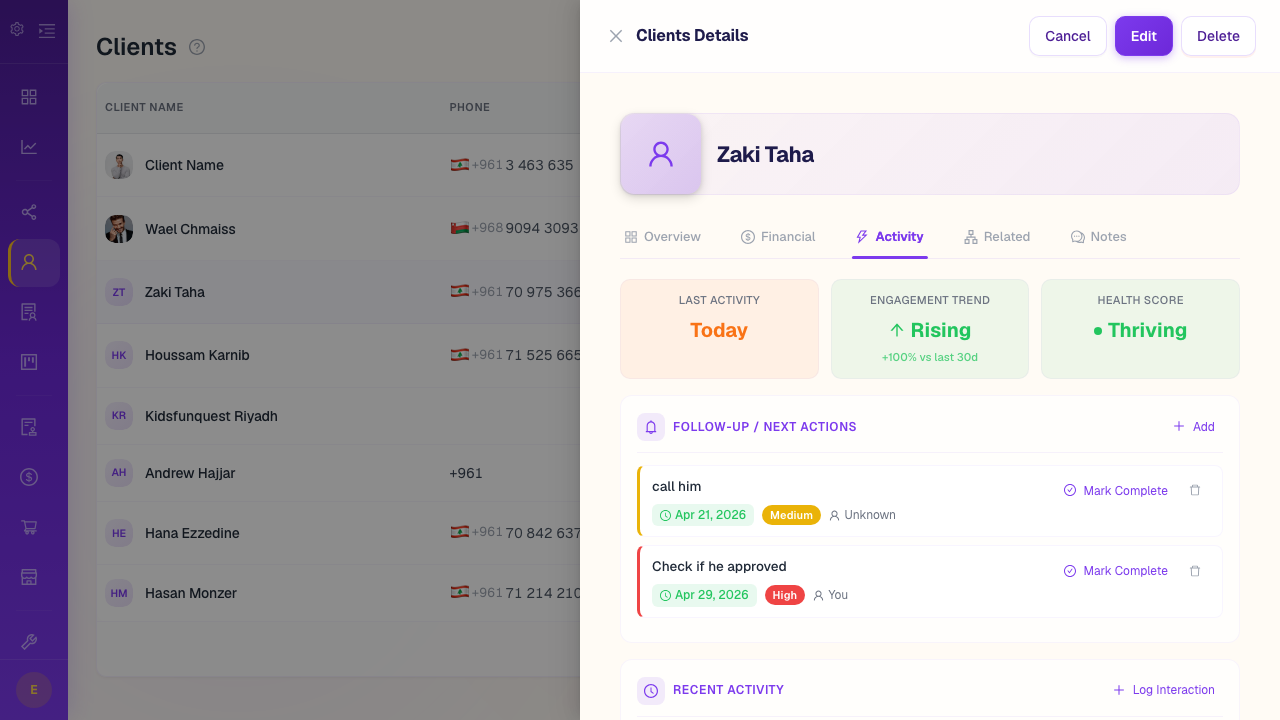 Belvak client activity tab showing engagement trend, health score, follow-up actions, and activity timeline