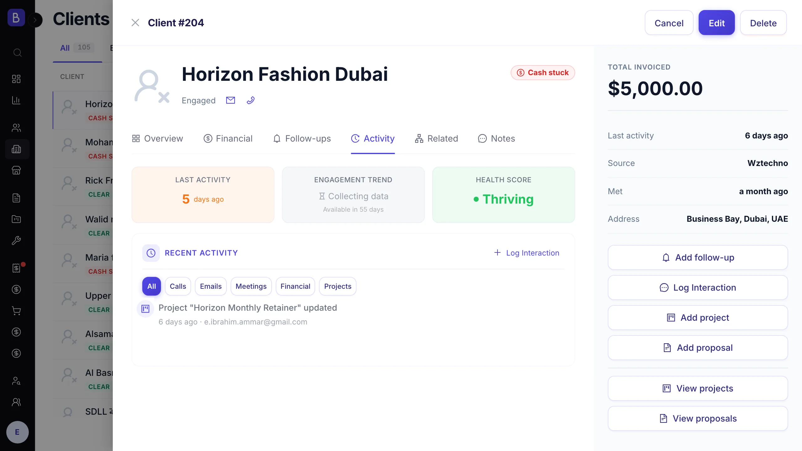 Client activity timeline with logged interactions and system events