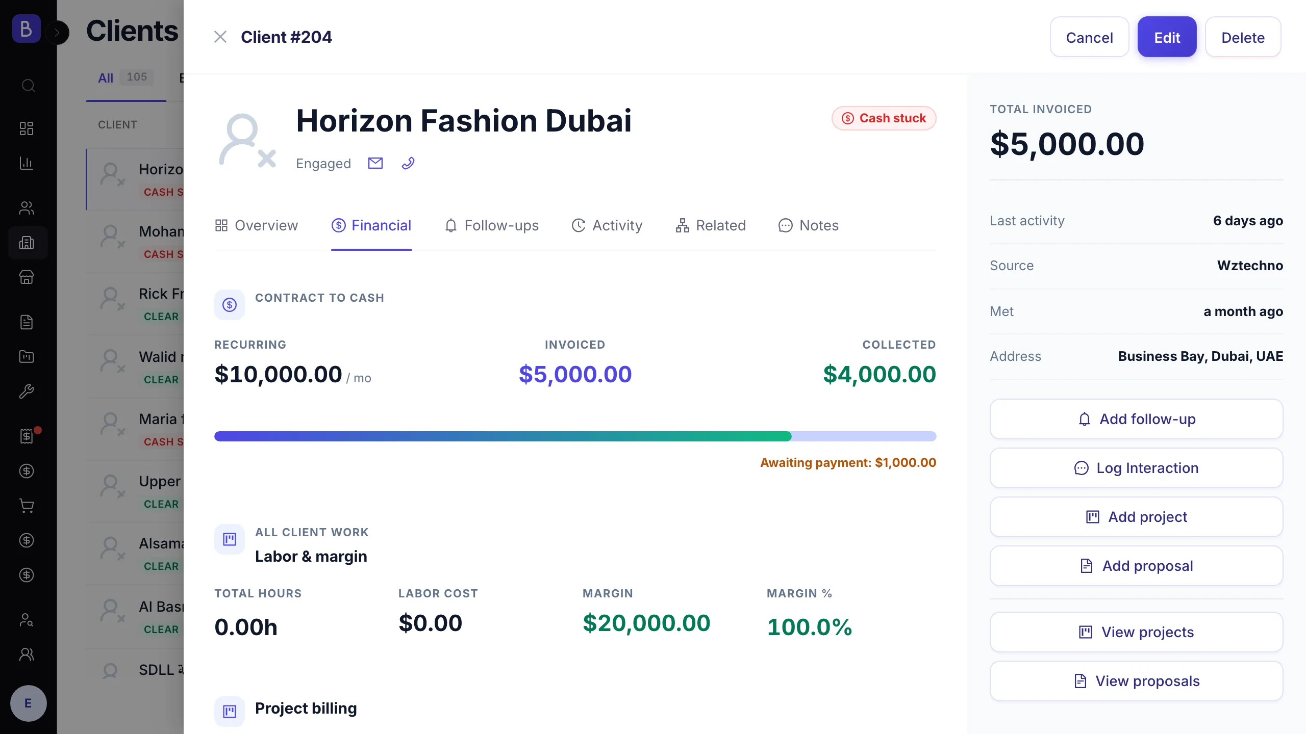 Client financial view with invoiced, collected, and outstanding amounts and collection bars