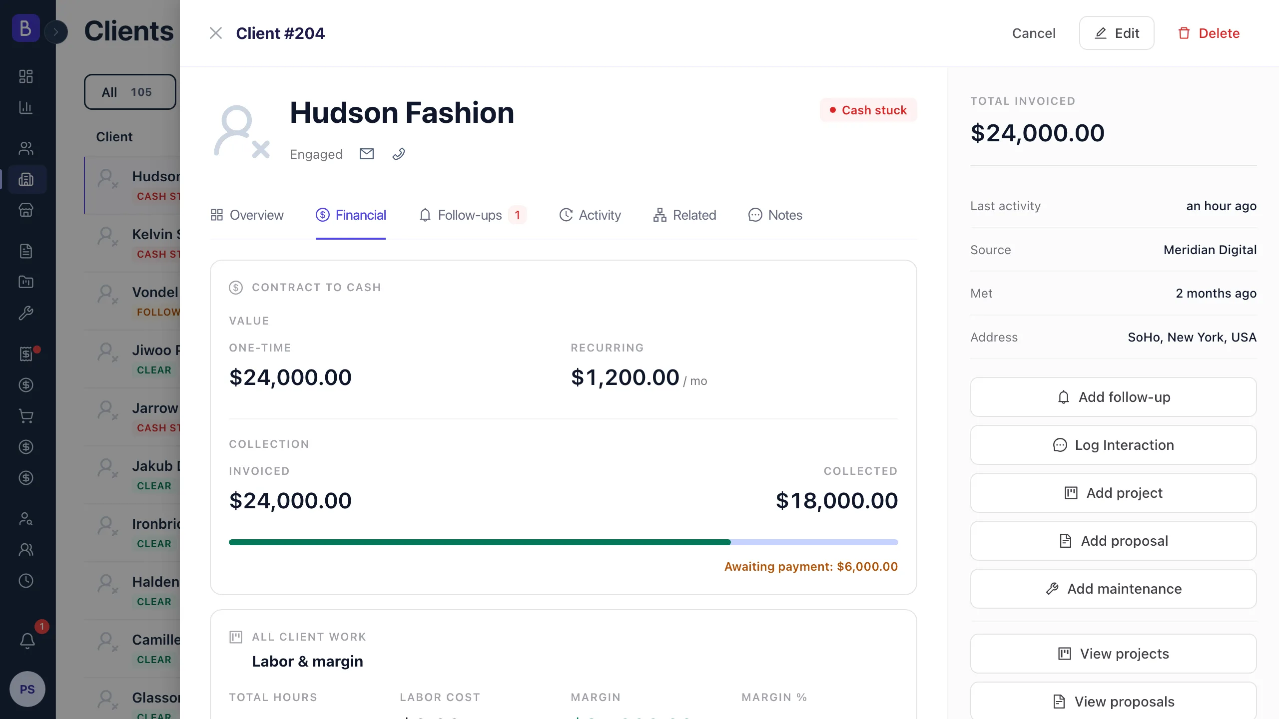 Client financial view with invoiced, collected, and outstanding amounts and collection bars
