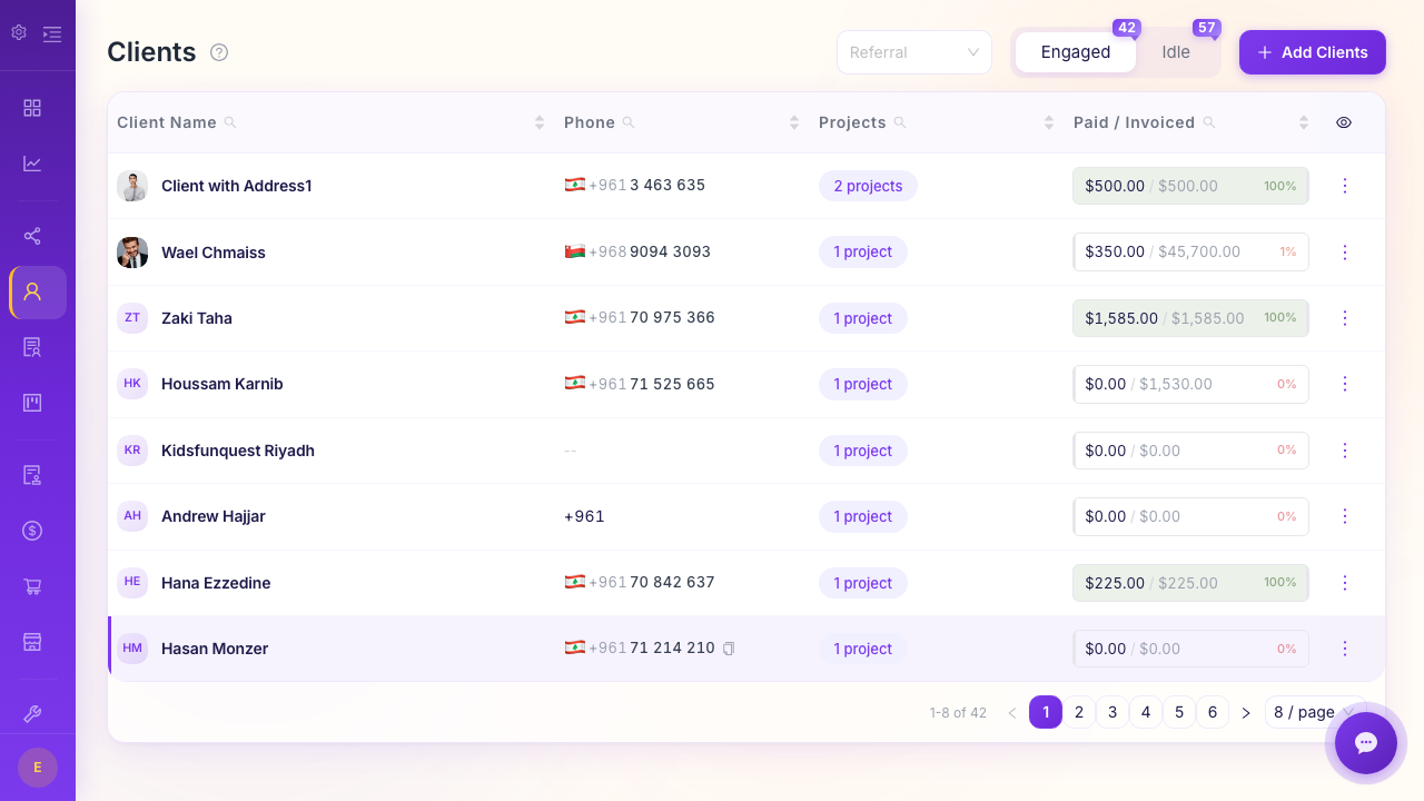 Belvak client management dashboard showing client list with company names, contacts, project counts, and revenue