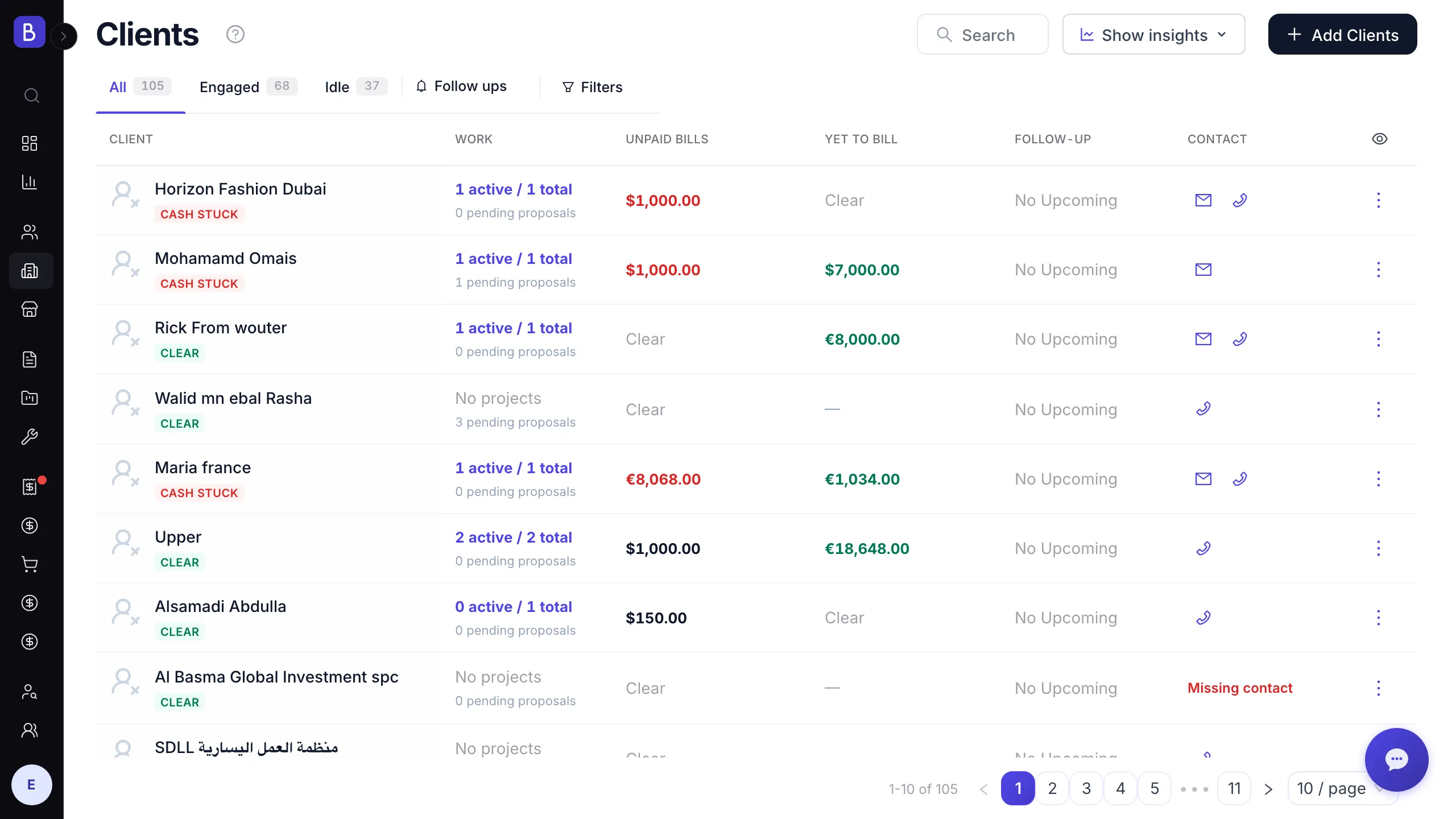 Client detail view showing an MSP account with its recurring contracts, invoices, and payment history