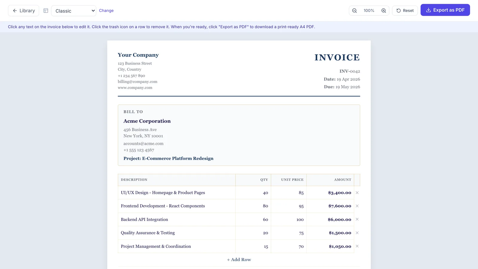 Invoice composer with editable company, client, and line item fields next to a live A4 preview