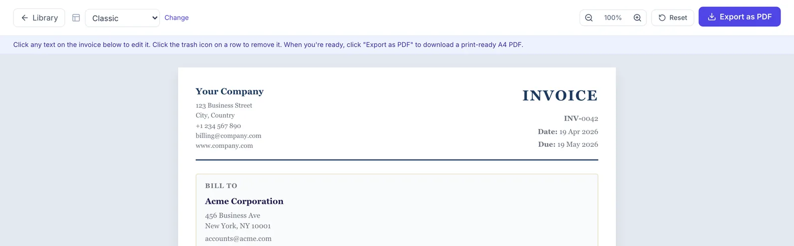 Invoice composer toolbar showing the Export as PDF button and template picker