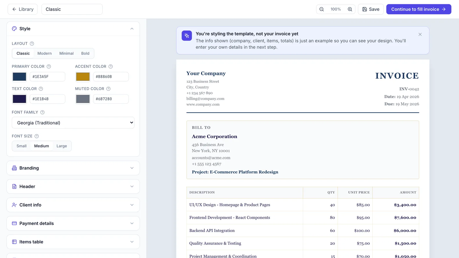 Template editor showing the Style panel with colors, font family, and layout controls beside a live invoice preview