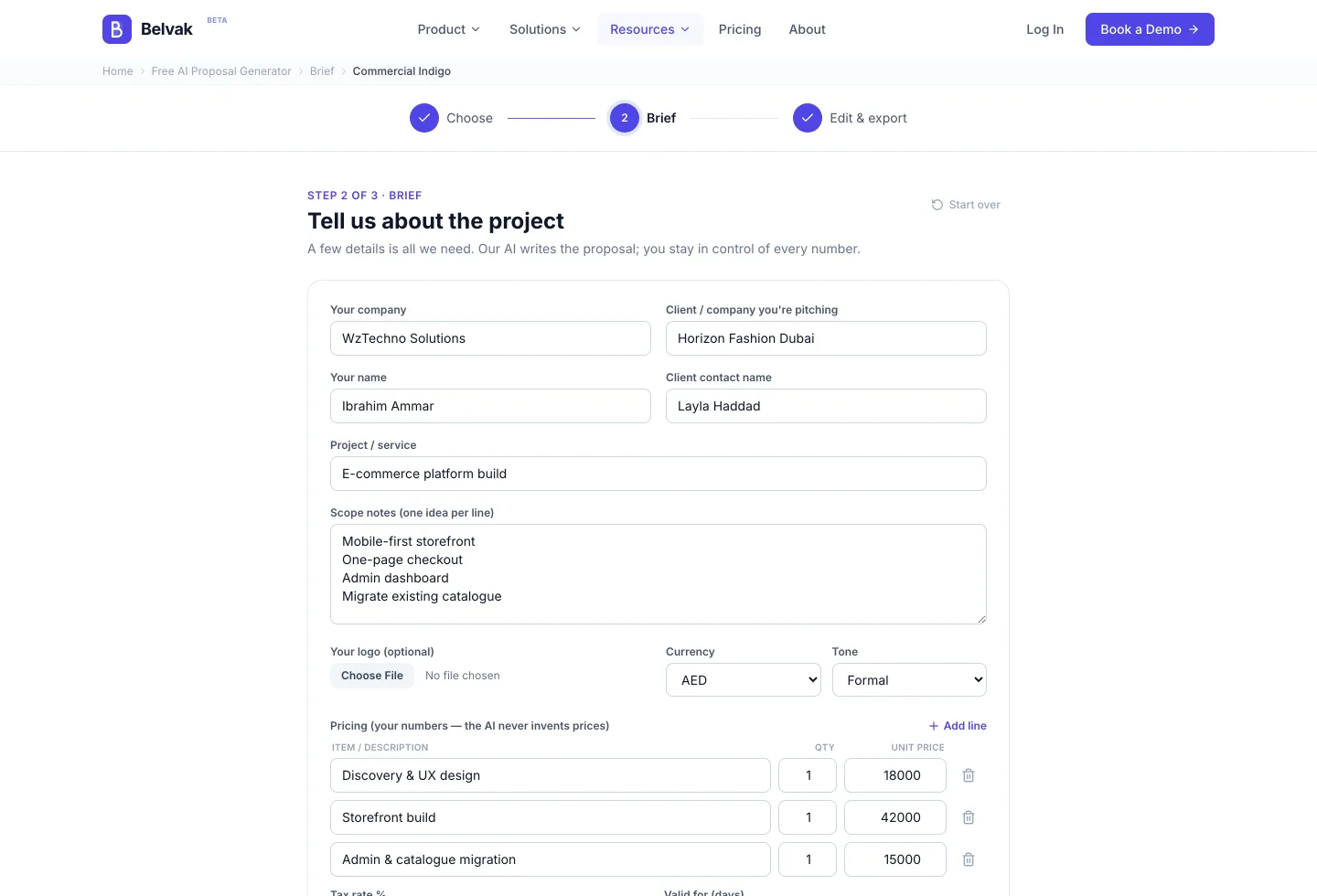 AI brief form with company, client, project, scope notes and a pricing table the user fills in