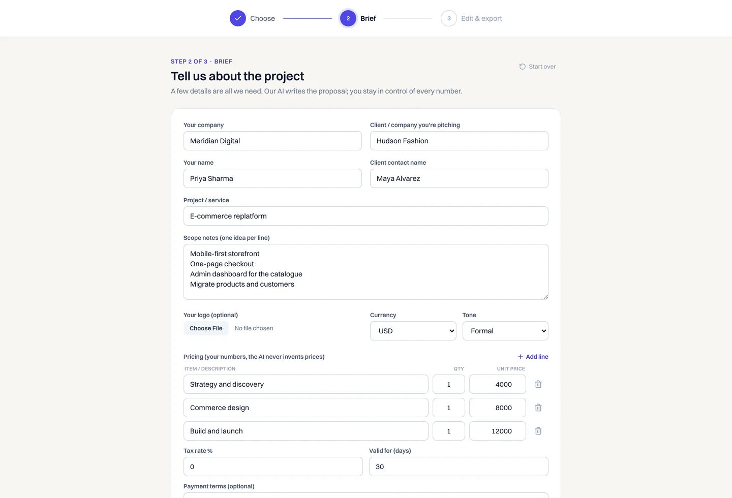 AI brief form with company, client, project, scope notes and a pricing table the user fills in