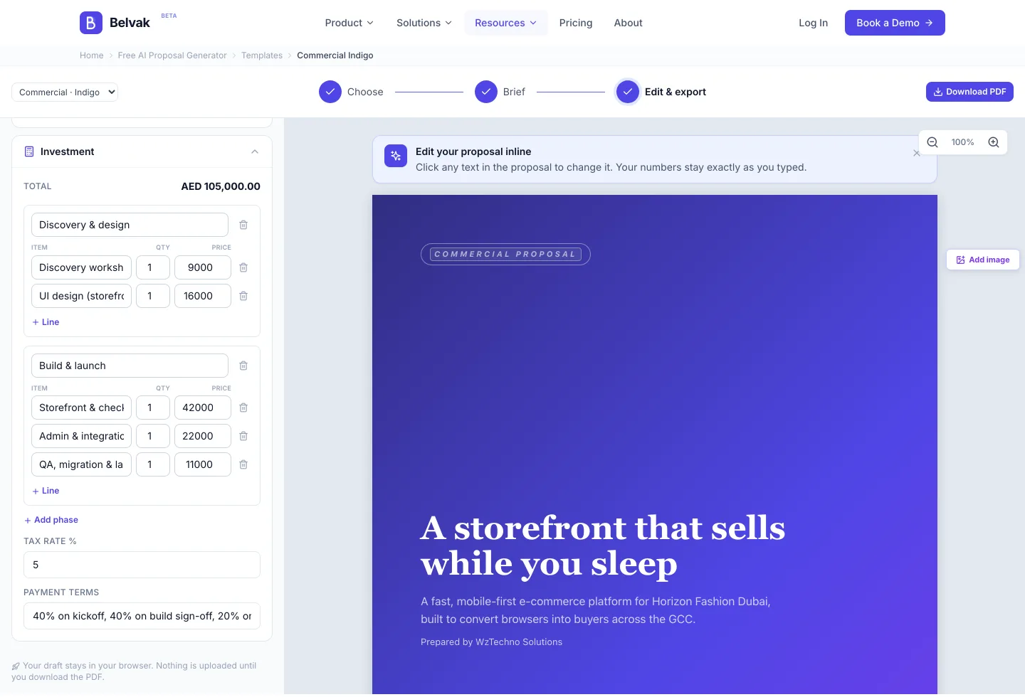 Proposal editor with a pricing sidebar beside a live A4 cover page that updates as you type