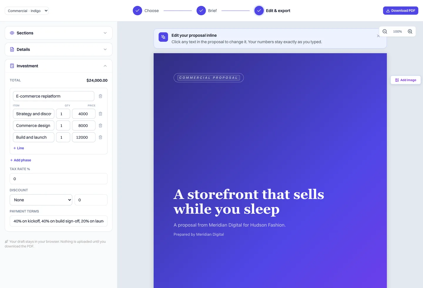 The proposal editor with a pricing sidebar beside a live A4 cover page that updates as you type