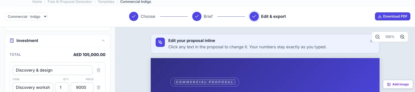 Proposal editor toolbar showing the Download PDF button beside the Choose, Brief and Edit and export steps