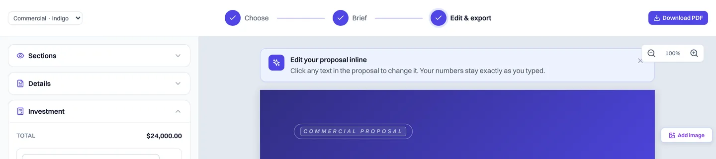 Proposal editor toolbar showing the Download PDF button beside the Choose, Brief and Edit and export steps