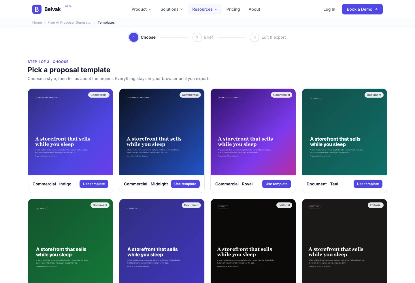 Proposal template library showing twelve cover designs across commercial, document, bold and minimal styles