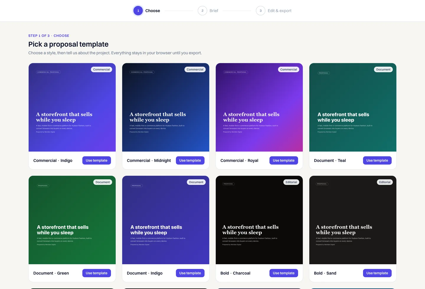 The proposal template library showing a grid of cover previews, each with its style label and a Use template button