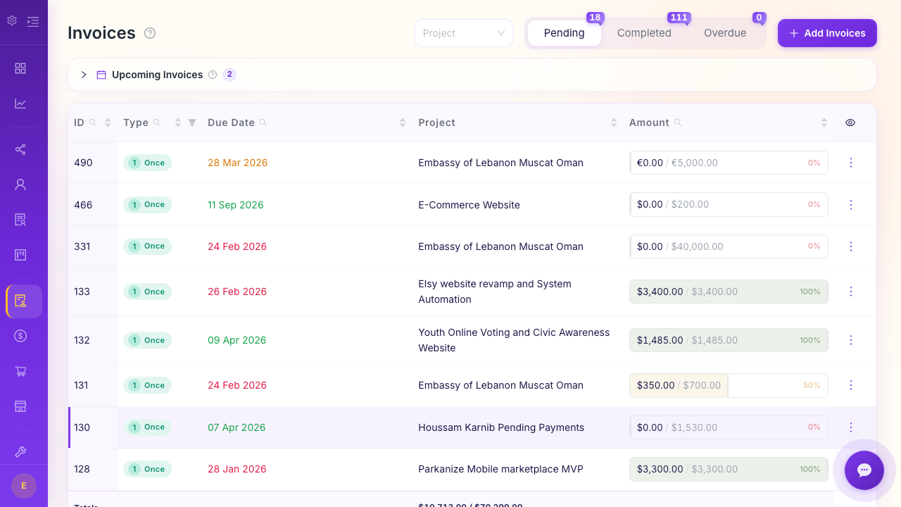 Belvak invoice creation screen showing a contractor invoice with line items, branding, and payment tracking
