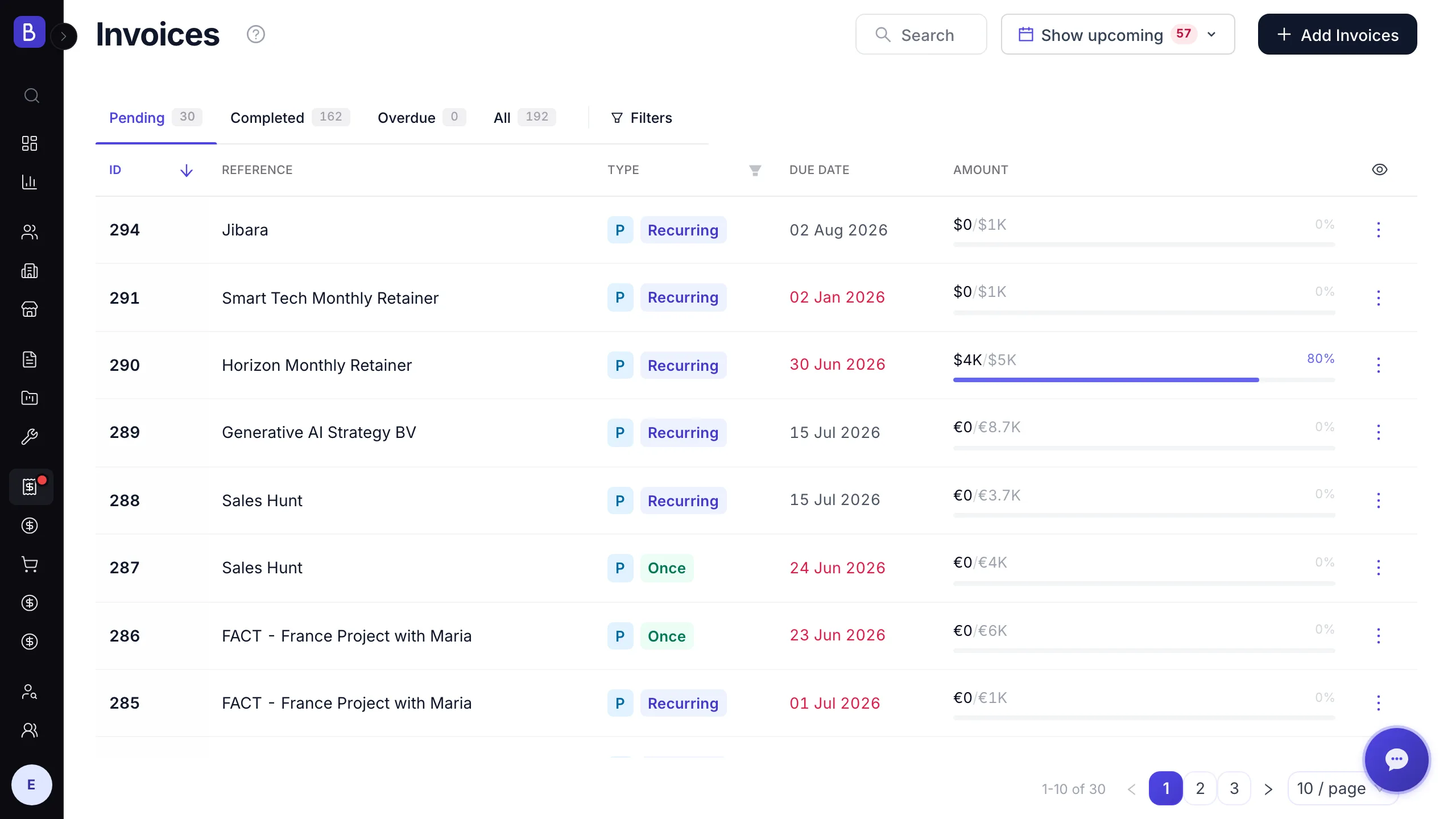 Invoice management screen showing recurring managed-services invoices with payment status and templates