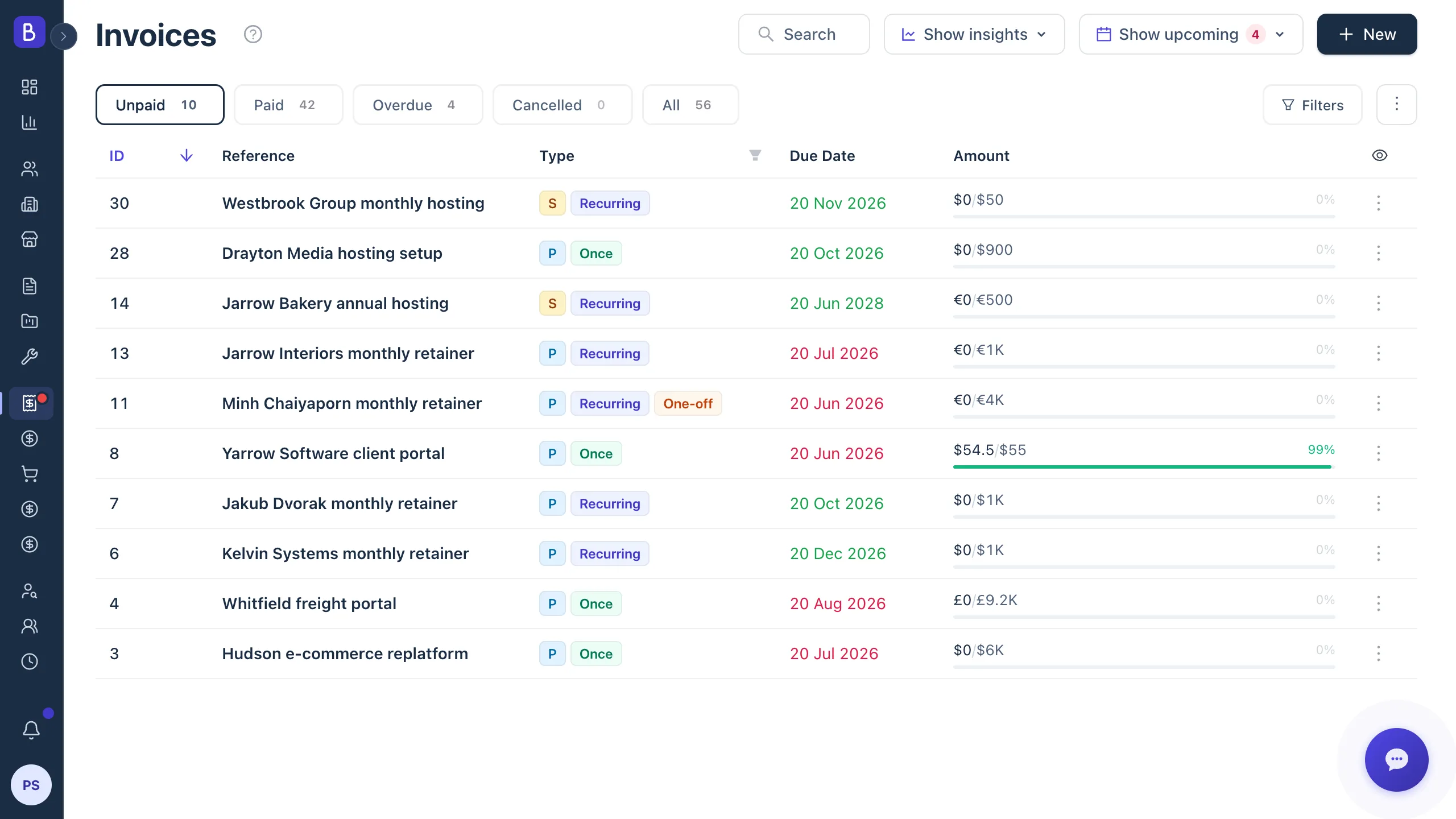 Invoice management table showing recurring billing with amounts, currencies, and payment statuses