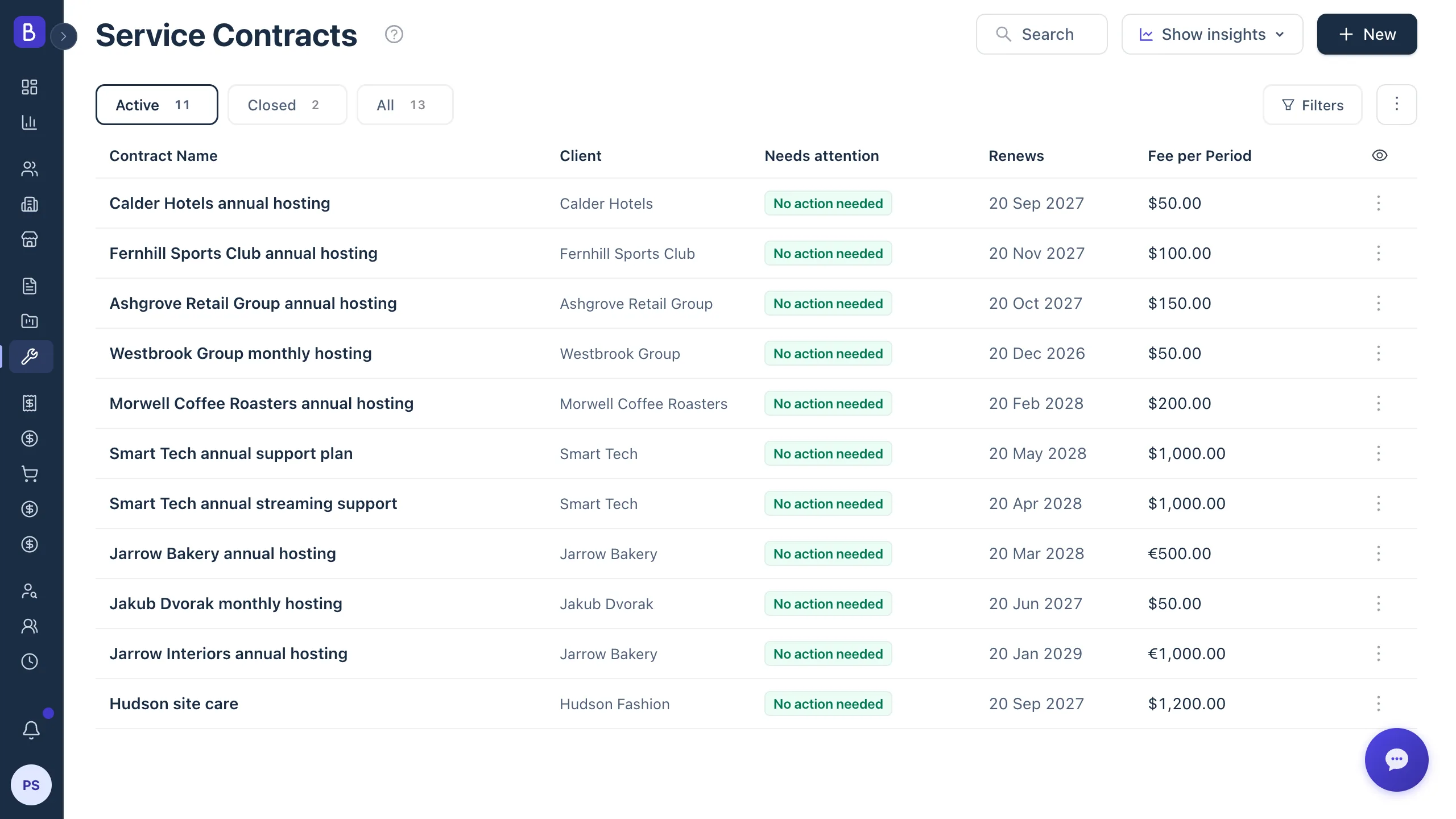 Service contracts table showing client, a needs attention flag, renewal date and per-period value