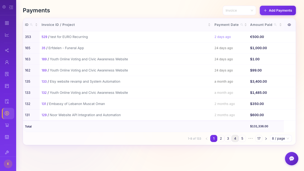 Payment tracking view showing recorded payments against invoices with automatic status updates