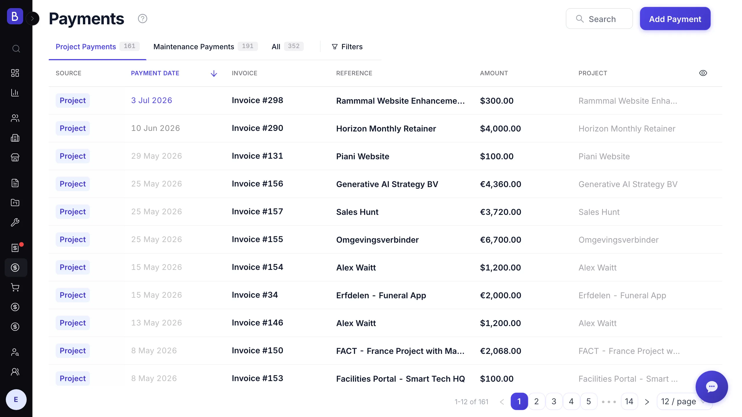 Payments view showing AMC period payments recorded against contracts with collection and overdue status