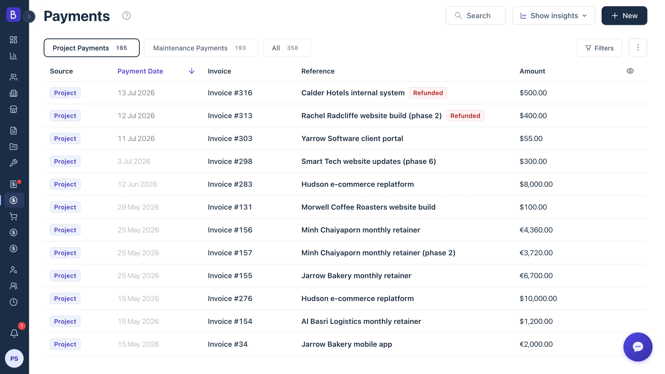 Payments table with project and maintenance tabs listing payment date, invoice, reference and amount
