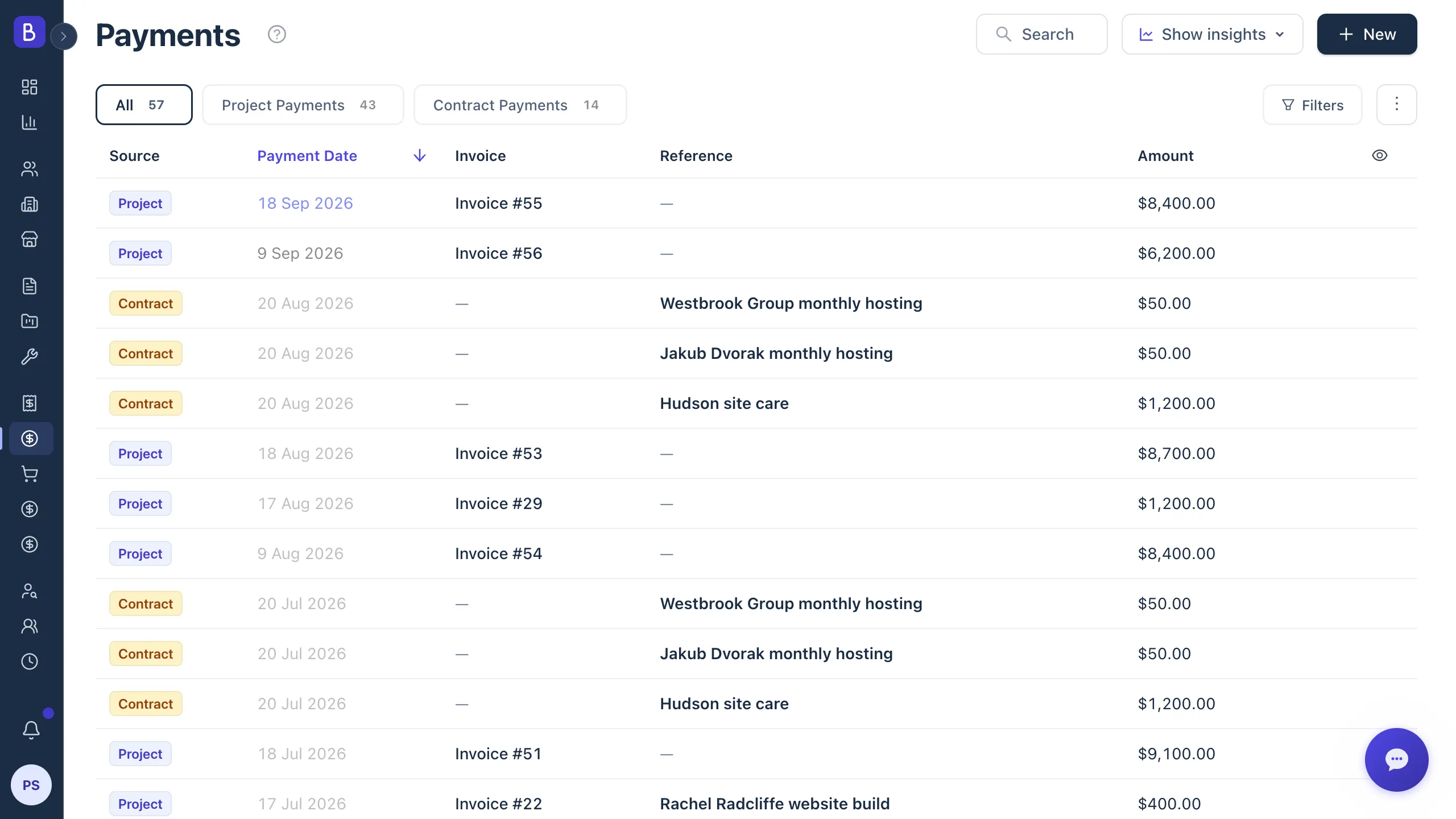 Payments table split into Project Payments and Contract Payments tabs, listing payment date, invoice, reference and amount
