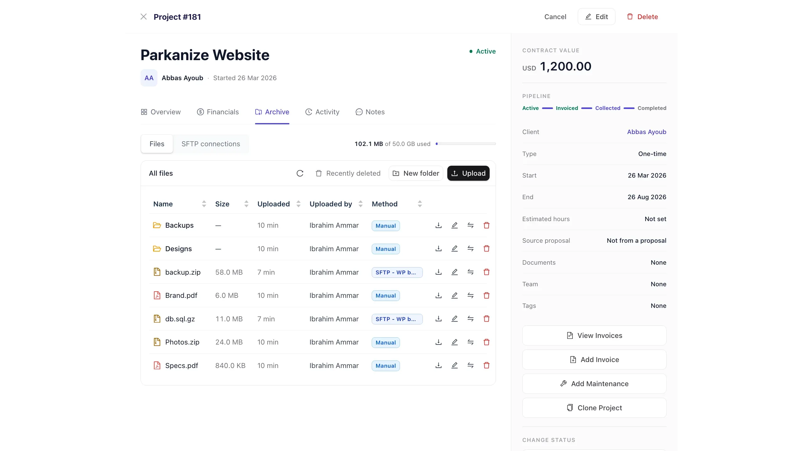Project view Archive tab, Files view listing folders and files with Name, Size, Uploaded, Uploaded by, and Method columns, a storage usage meter, and Upload and New folder buttons