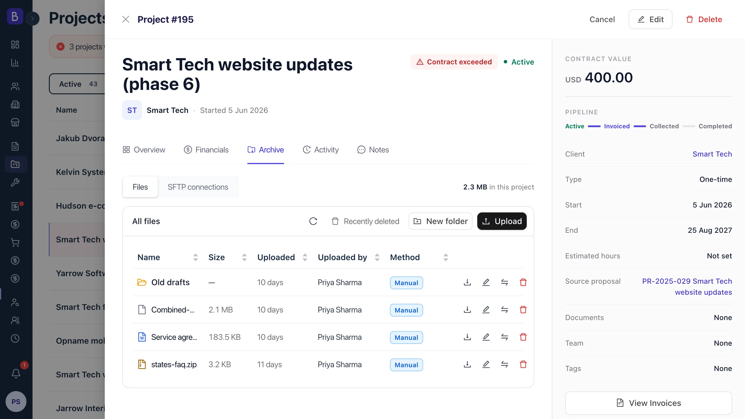 Project view Archive tab, Files view listing folders and files with Name, Size, Uploaded, Uploaded by, and Method columns, the line 2.3 MB in this project, and Upload and New folder buttons