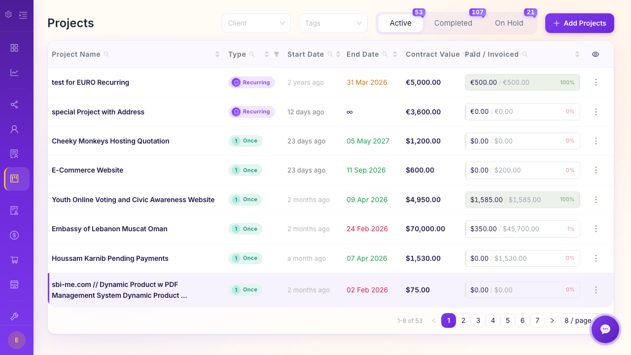 Minimal project tracking view showing active contractor jobs with status, value, and deadline columns