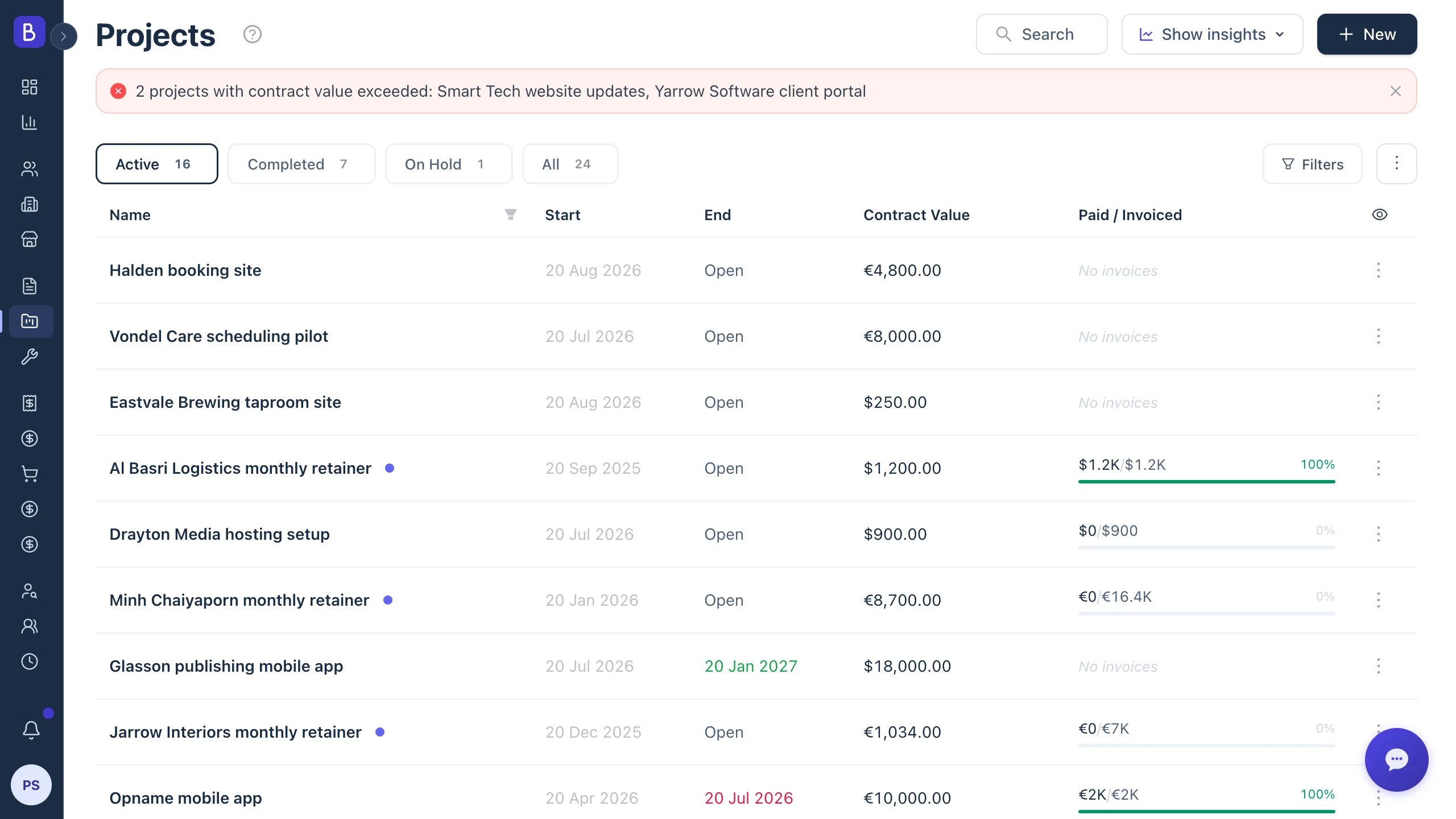 Projects table showing active projects with start and end dates, contract value and collection progress