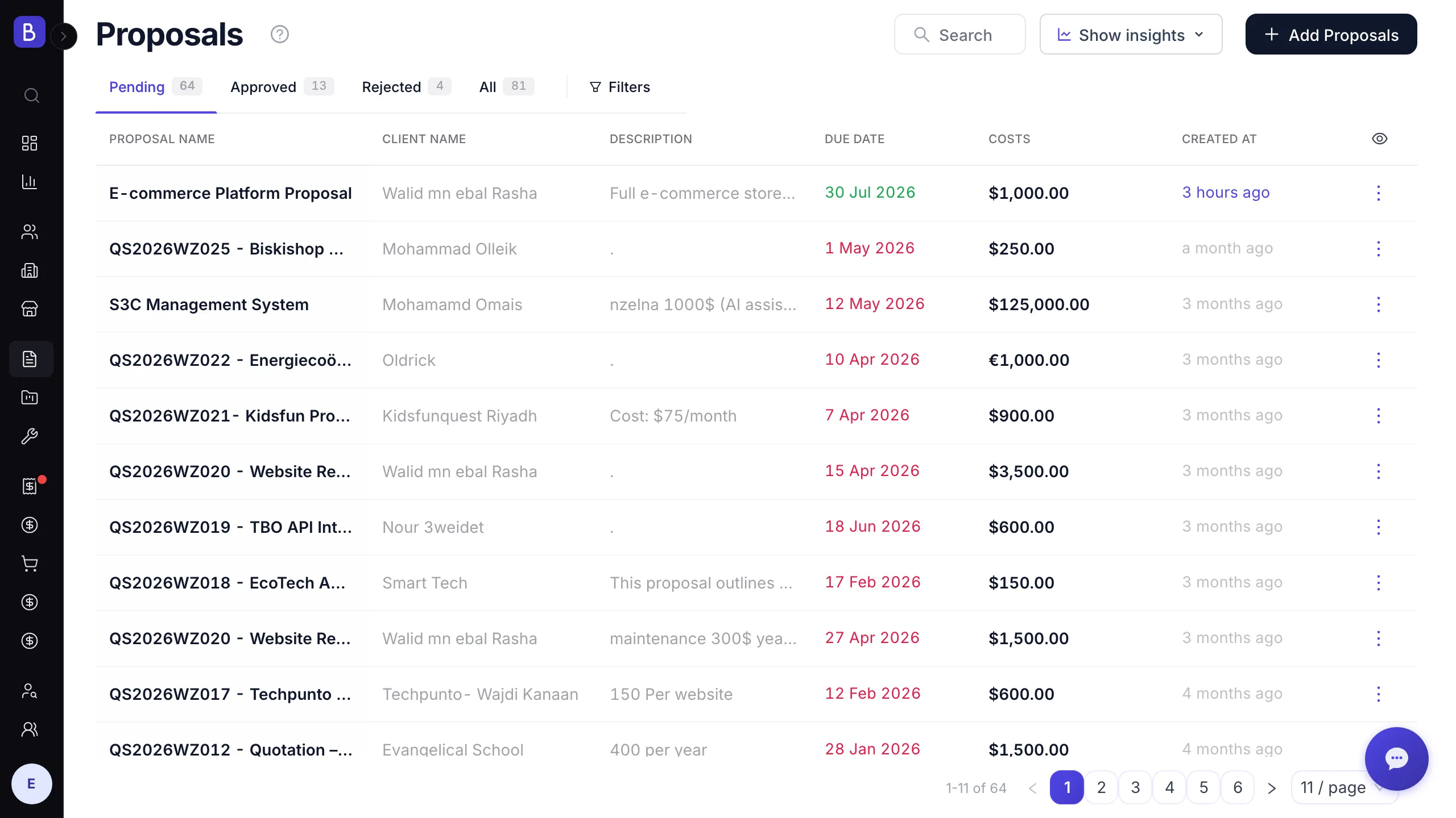 Proposal pipeline showing new accounting-engagement proposals with scope, fees, and status stages