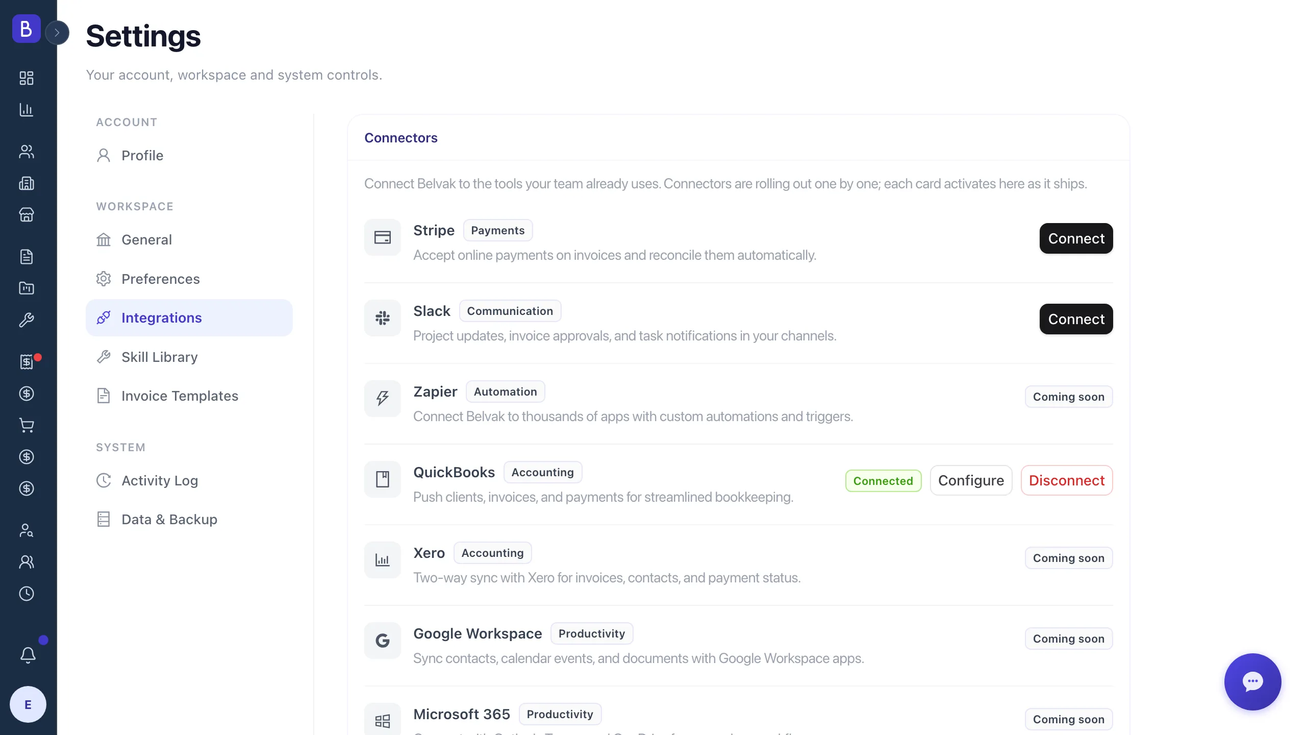 Belvak Settings Integrations screen with QuickBooks connected, showing Configure and Disconnect actions