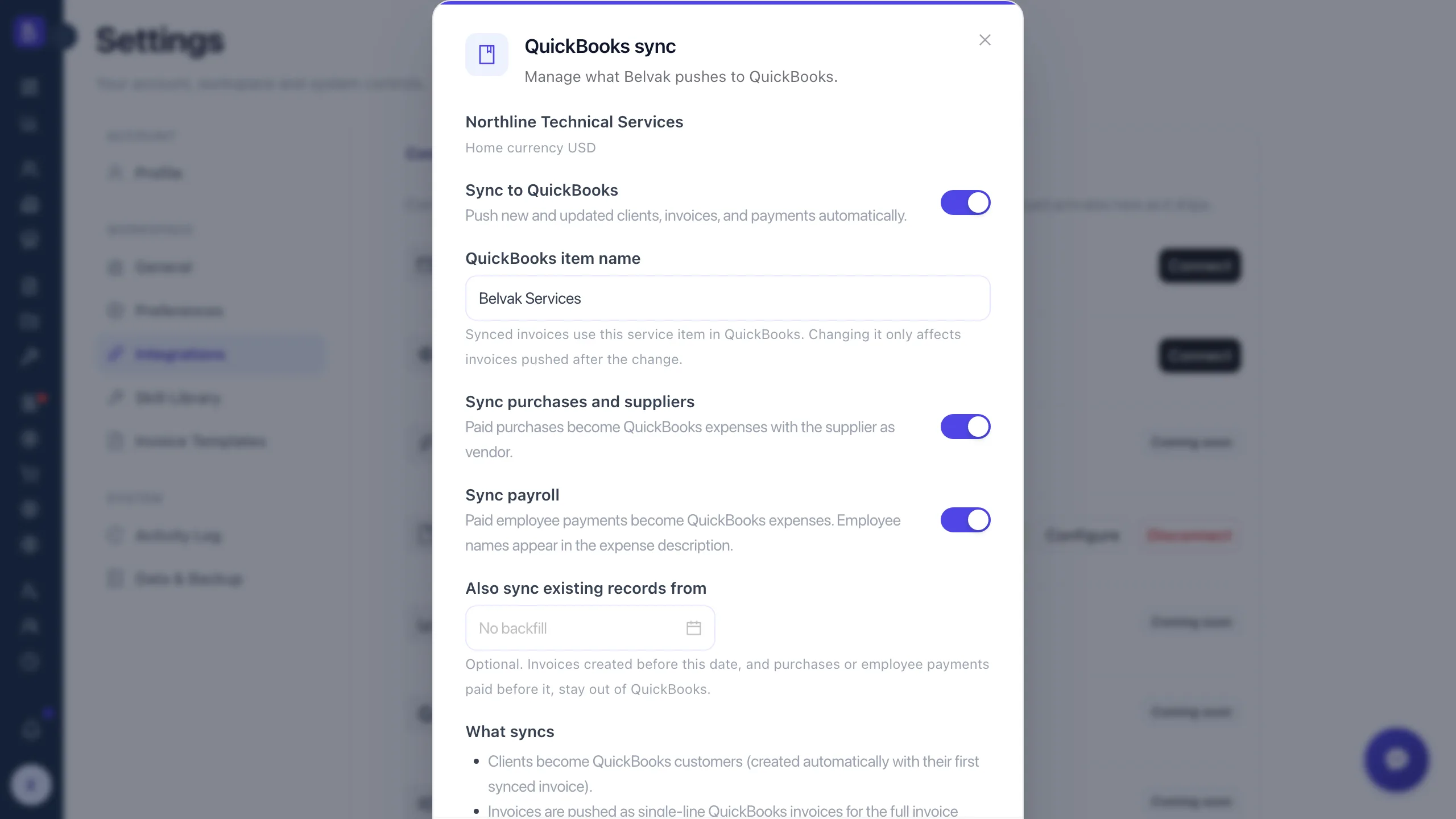Belvak QuickBooks sync settings with the item name field, a backfill date, and toggles for the purchases and payroll syncs