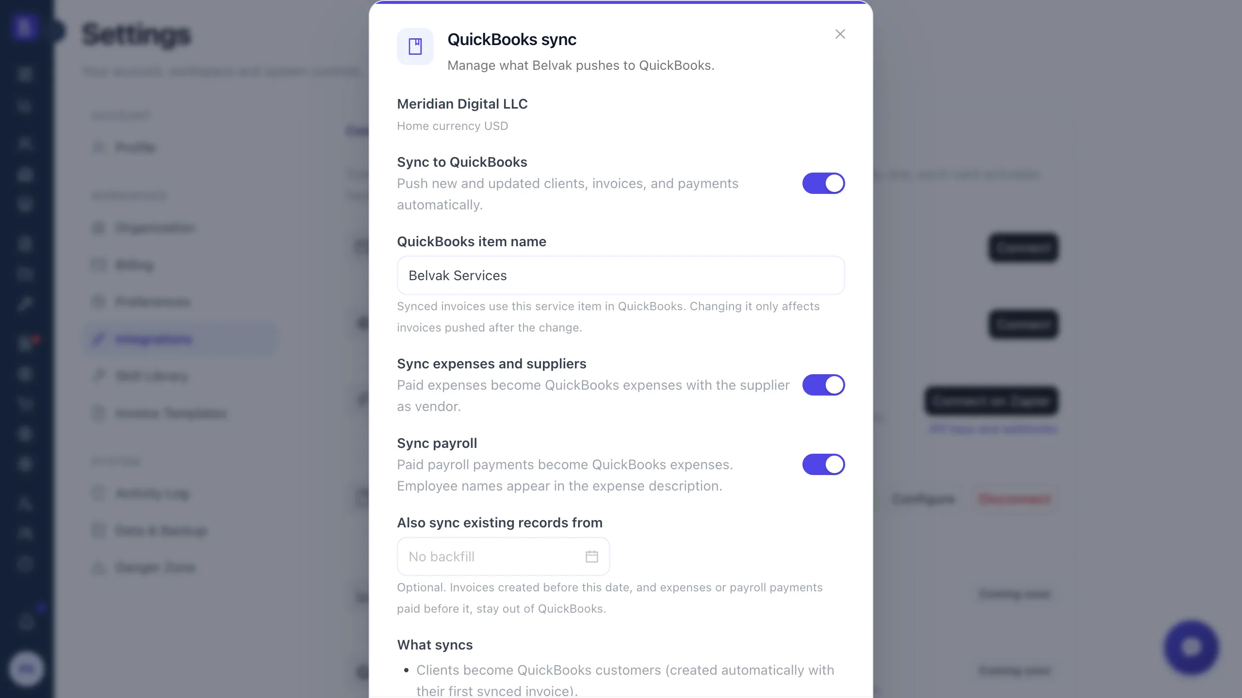 Belvak QuickBooks sync settings with the item name field, a backfill date, and toggles for the expenses and payroll syncs