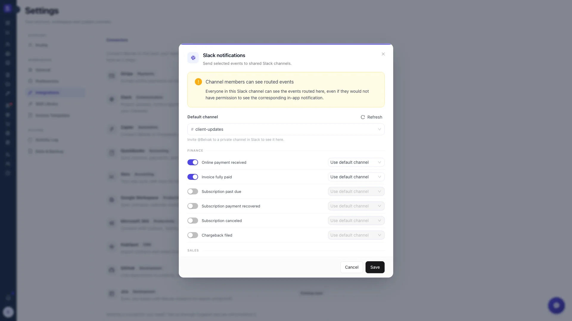 Belvak channel routing modal showing a default channel of hash client-updates, per-event toggles, and a warning that everyone in a Slack channel can see the events routed to it