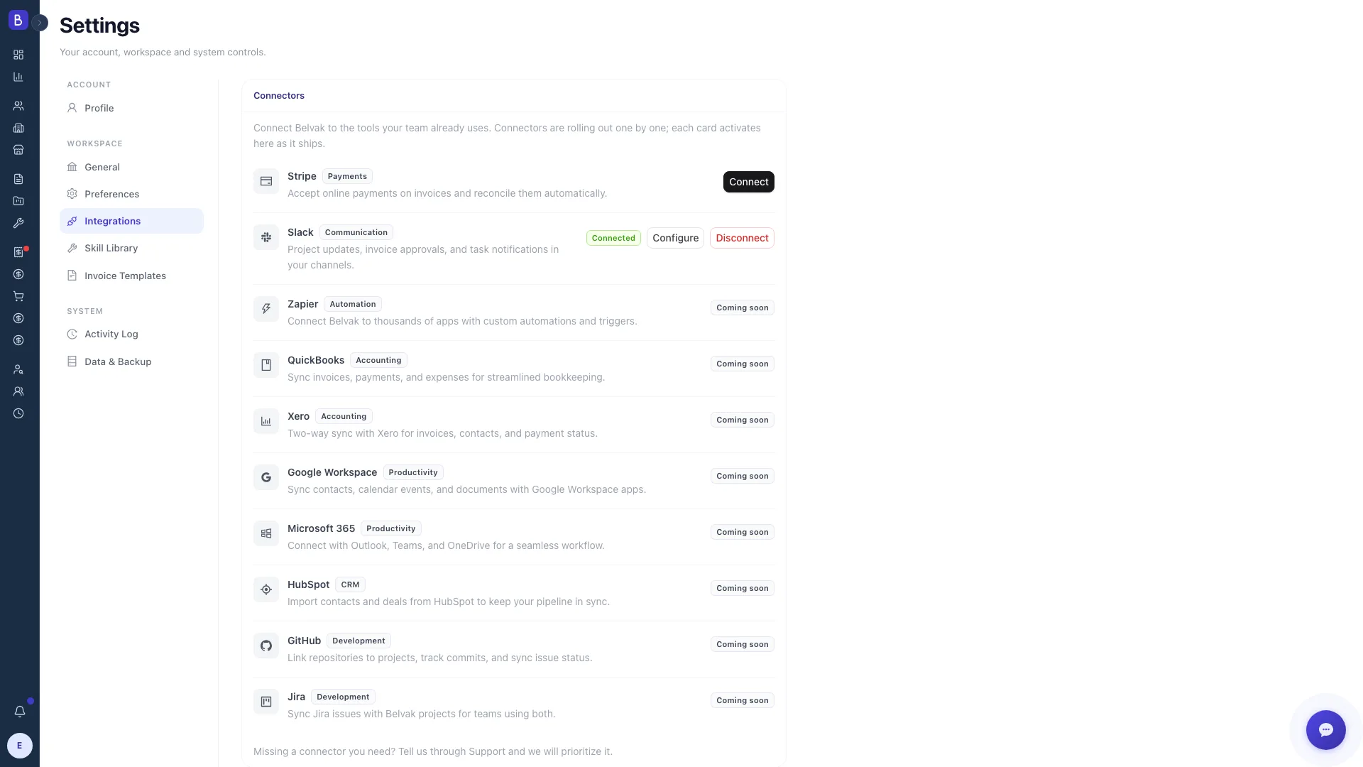Belvak Settings Integrations screen with Slack connected alongside other connectors