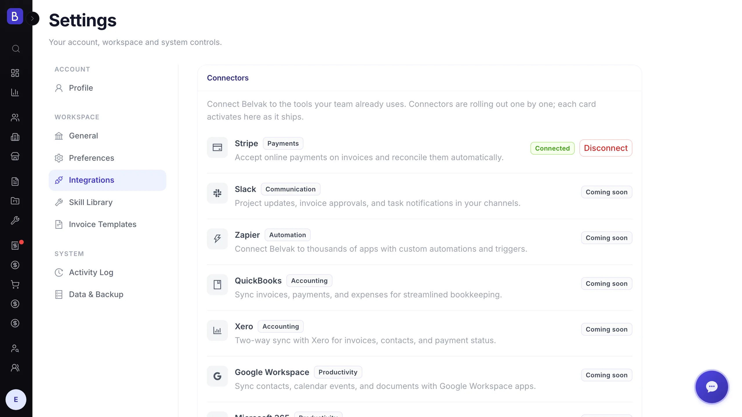 Belvak Settings Integrations screen with Stripe connected and other connectors like Slack, Zapier, and QuickBooks marked coming soon