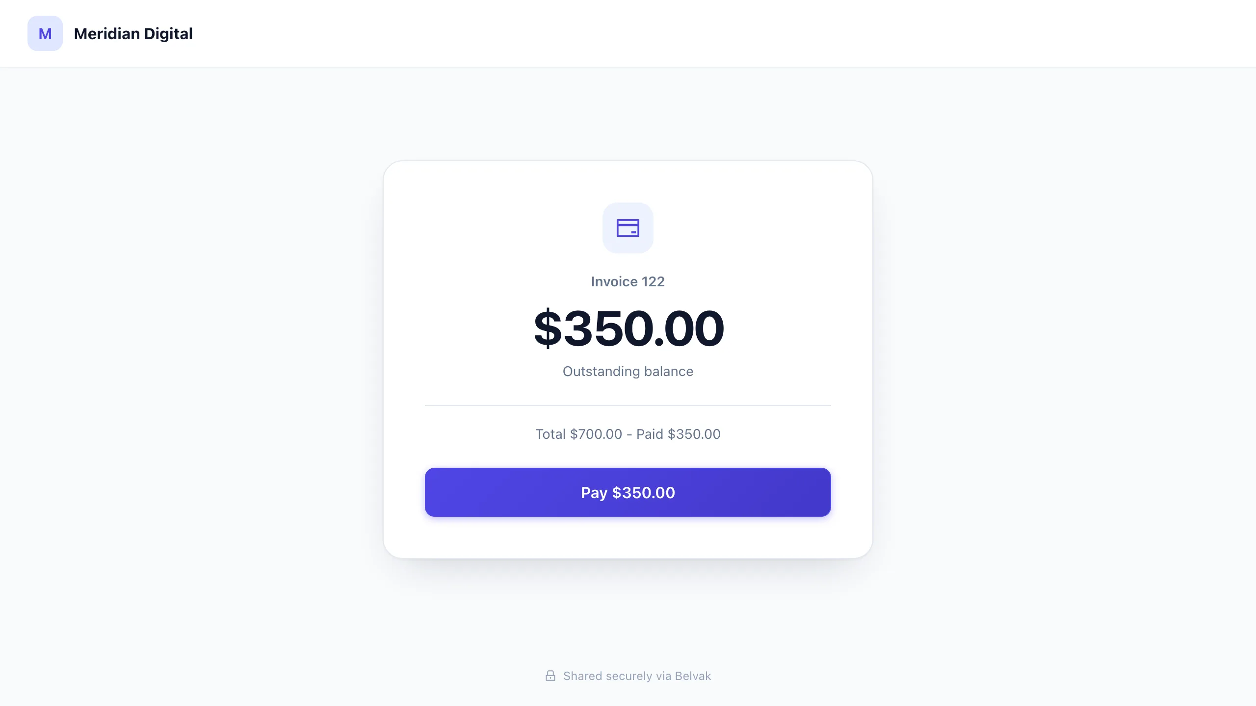 Public invoice payment page showing the outstanding balance of a partially paid invoice and a Pay button that opens Stripe Checkout