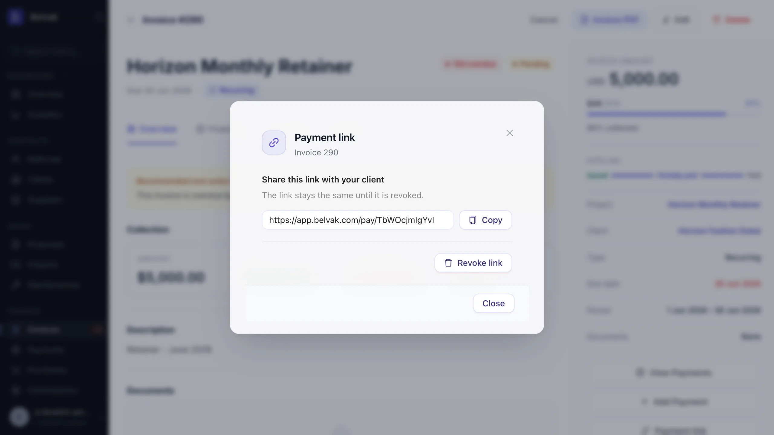 Belvak payment link dialog on an invoice, showing a shareable Stripe payment URL with copy and revoke actions