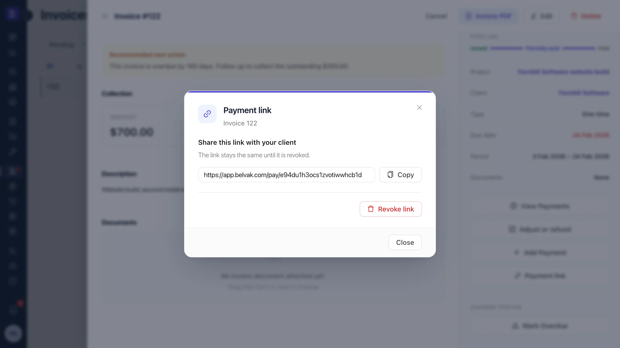 Belvak payment link dialog on an invoice, showing a shareable Stripe payment URL with copy and revoke actions