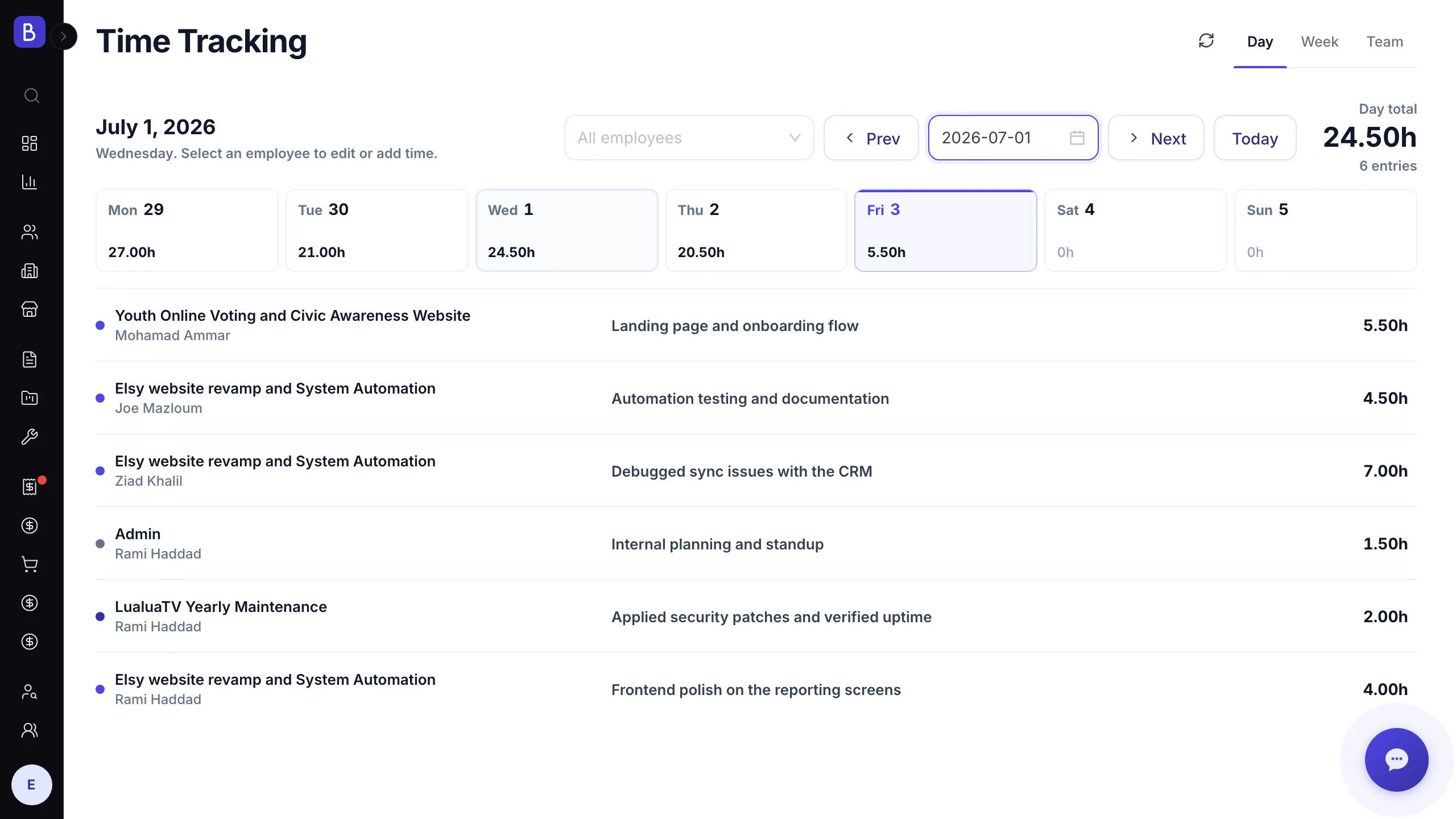 Logging daily time entries against projects and maintenance contracts in Belvak