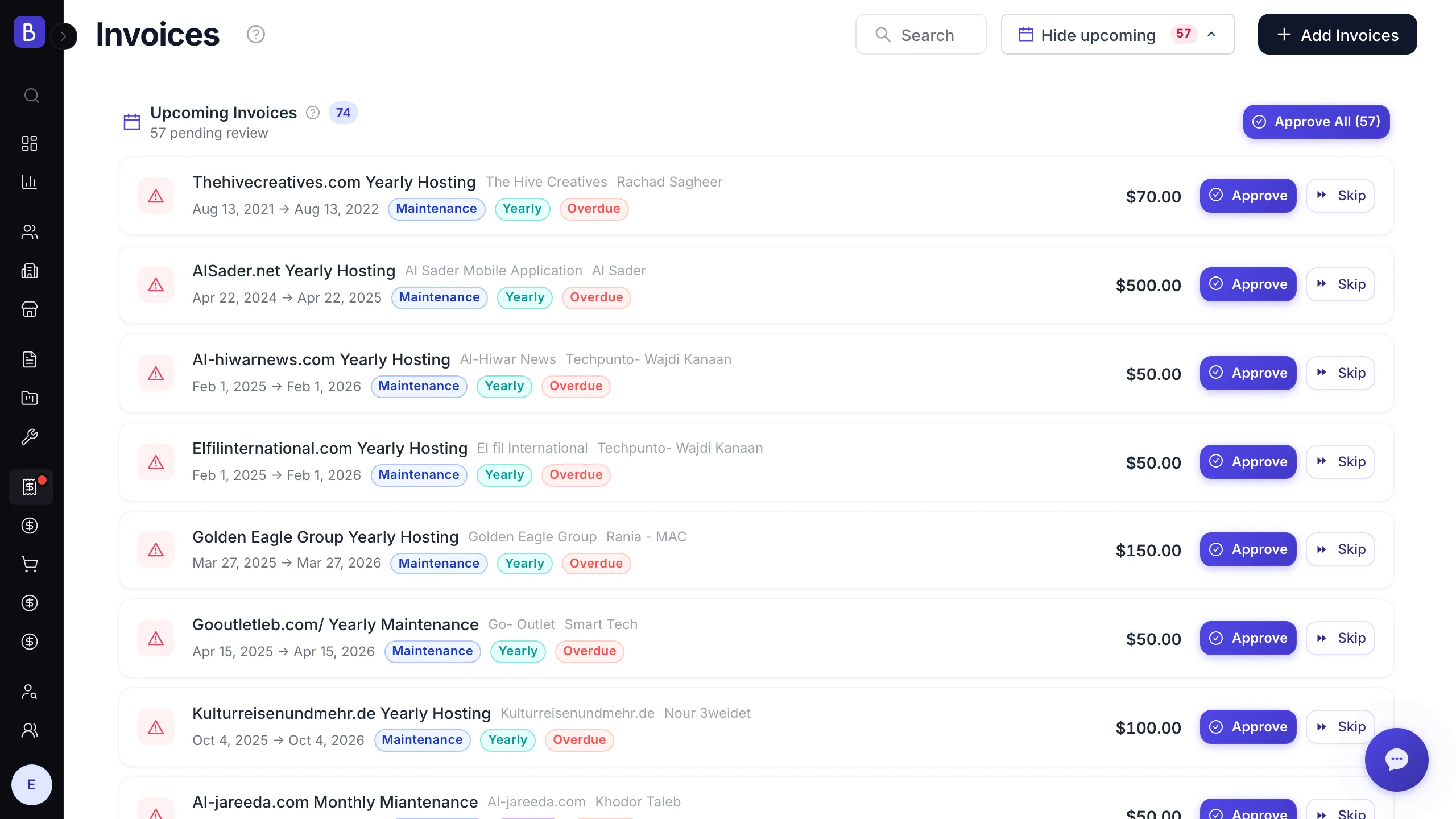 Upcoming invoices screen listing recurring service periods due for renewal, with approve and skip actions per contract