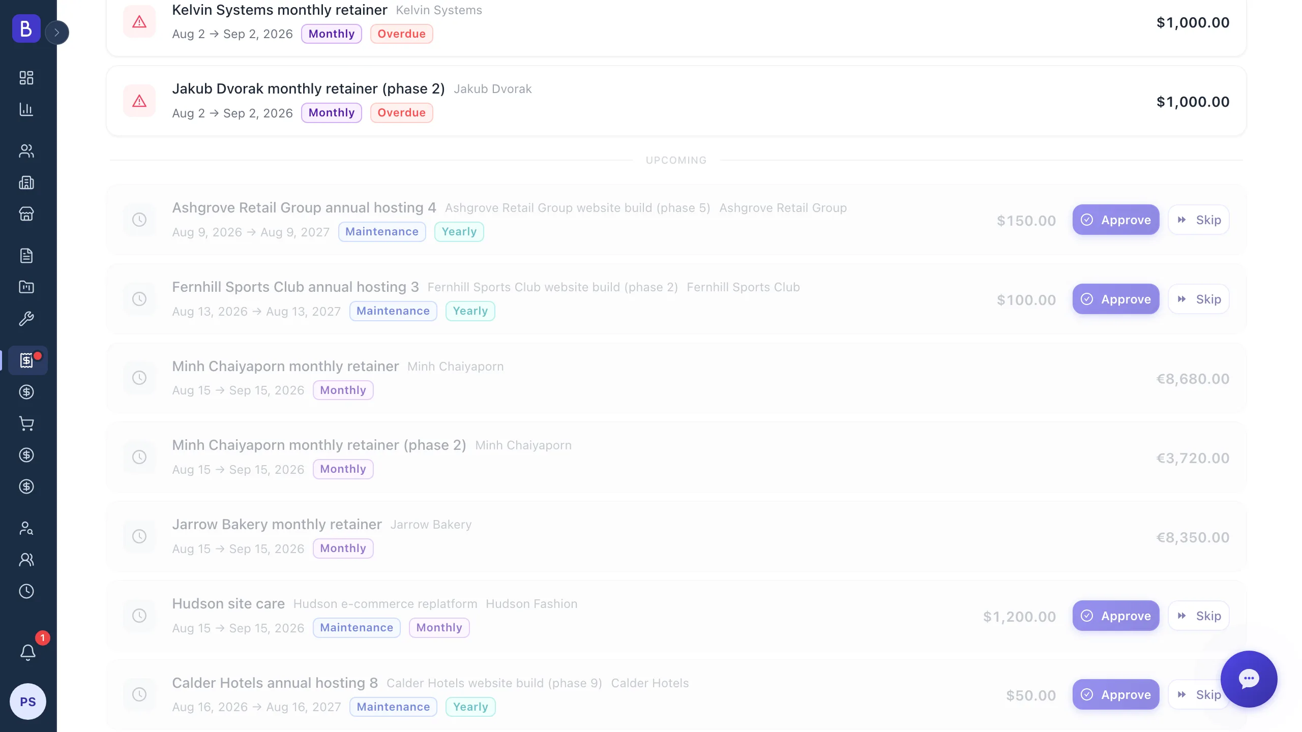 Upcoming Invoices queue listing each contract period that is due, with its amount and Approve or Skip buttons