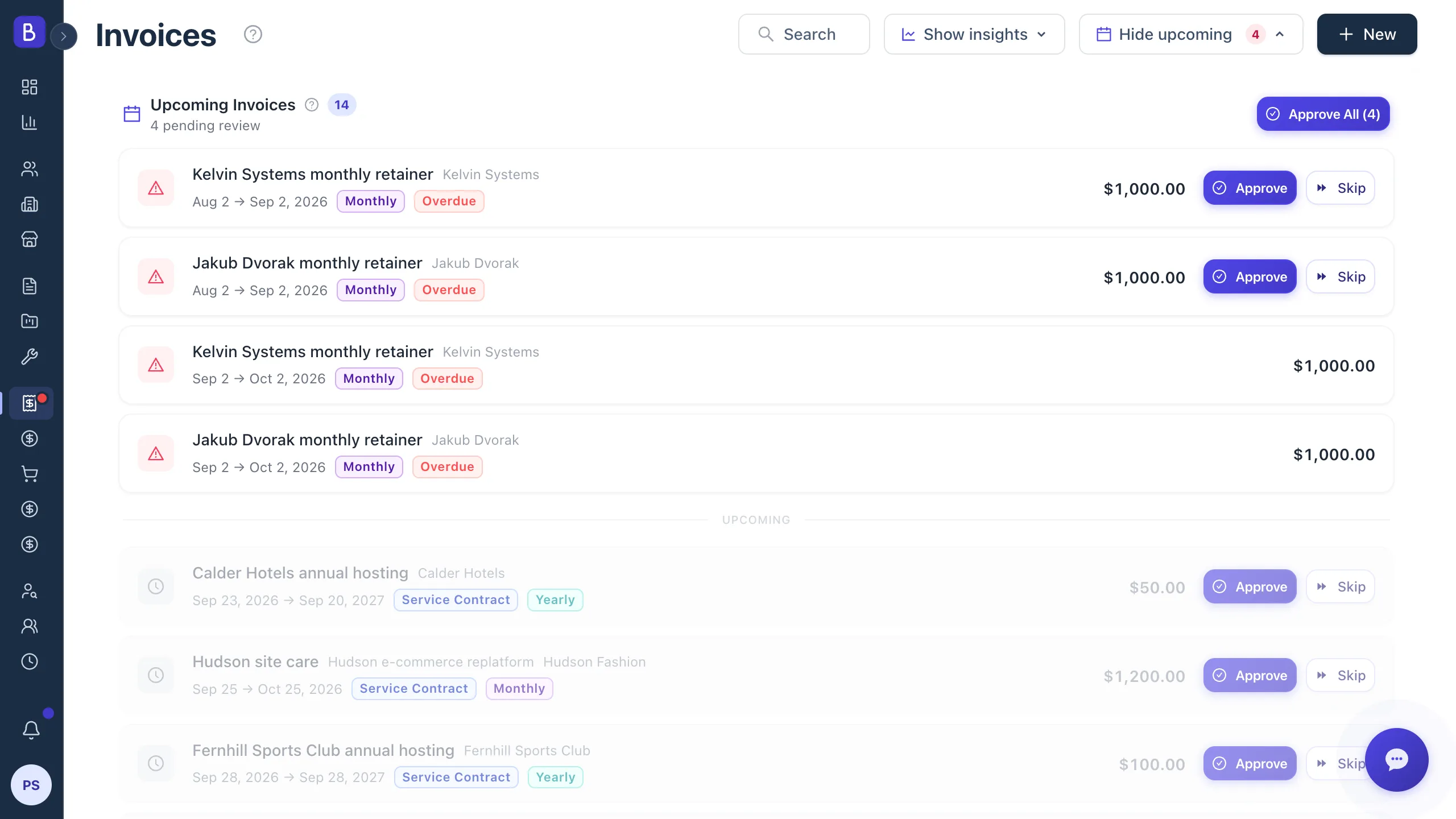 Upcoming Invoices review queue with one row per billing period and Approve or Skip on the periods that are ready to bill