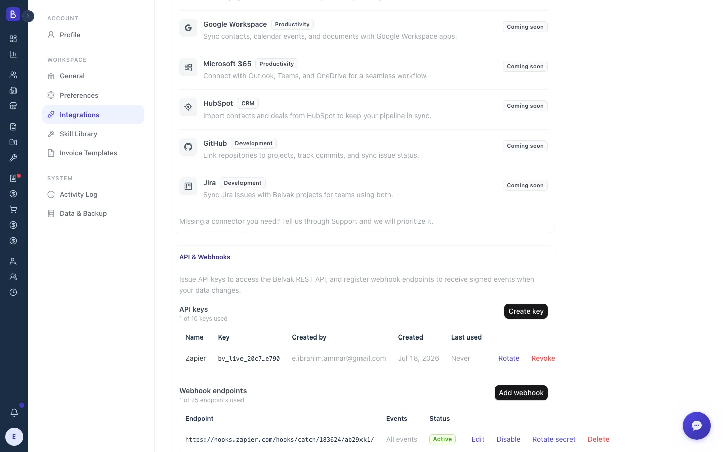 The Belvak API and Webhooks settings panel, where you create the API key a Zap uses to read and write your data