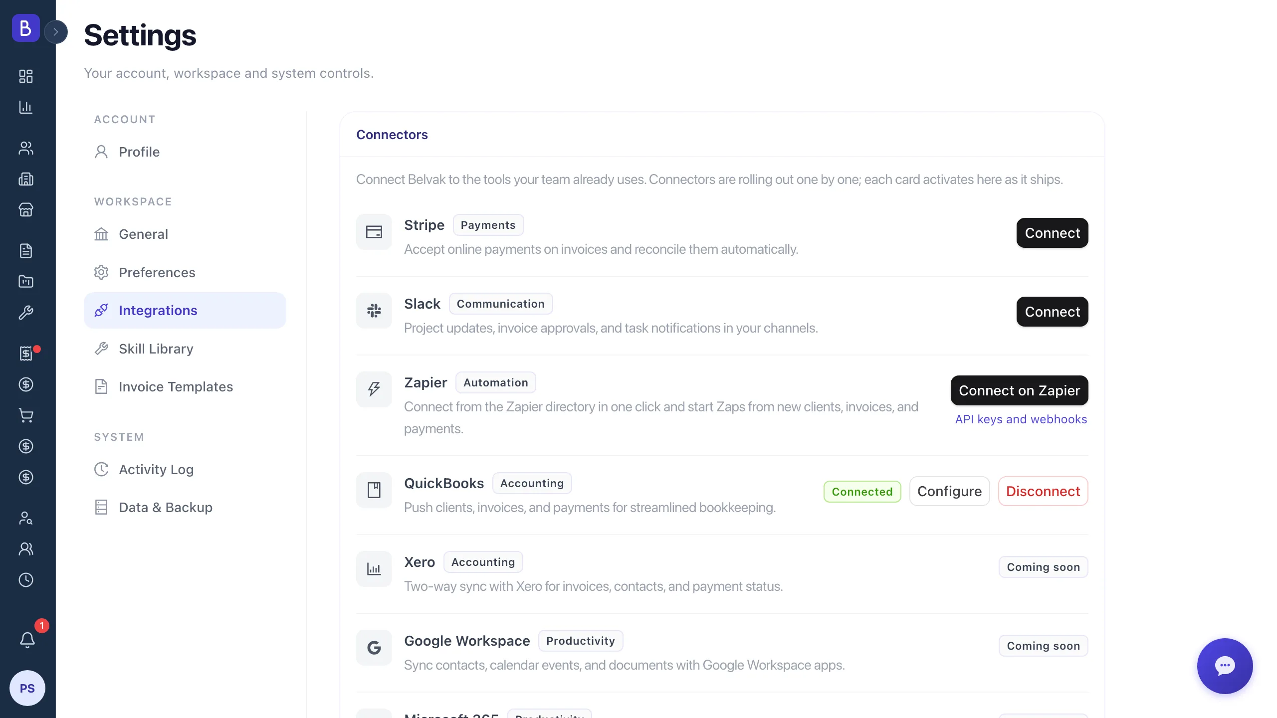 The Integrations tab in Belvak Settings, with a Zapier card offering Connect on Zapier and an API keys and webhooks link, listed alongside the Stripe, Slack, and QuickBooks connectors