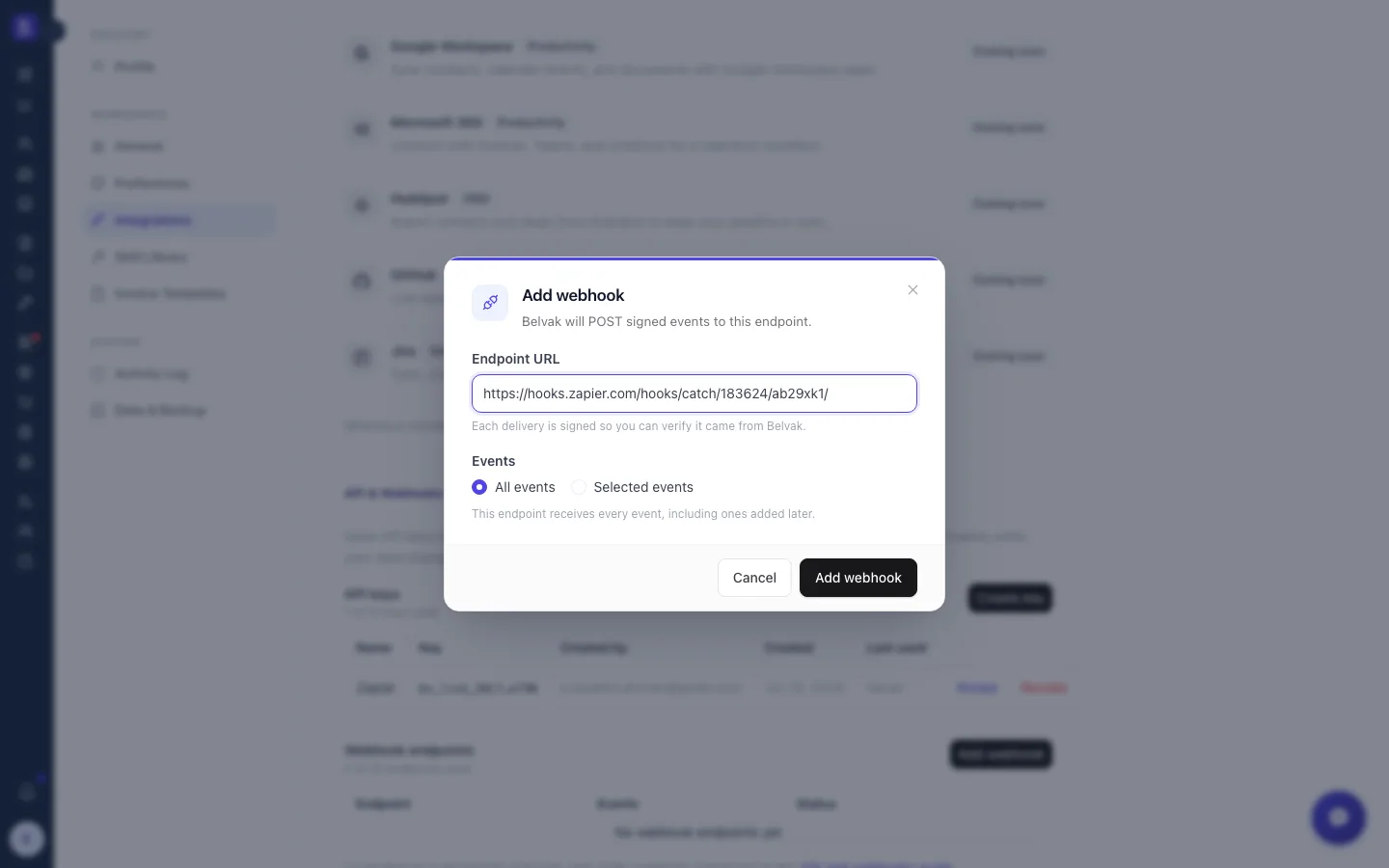 The Belvak Add webhook dialog with a Webhooks by Zapier Catch Hook URL pasted in, ready to send signed events to Zapier